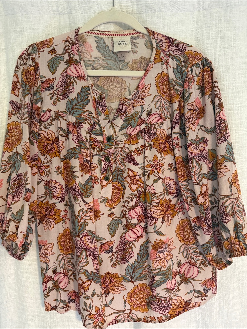 Knox Rose Pink Floral Button-Front Peasant Blouse